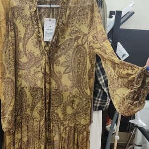Boho Paisley Long Sleeve Maxi Dress - Mustard/Brown